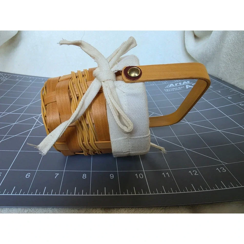 Miniature Woven Wood Basket with Handle and Cream Fabric Liner Small Decor
